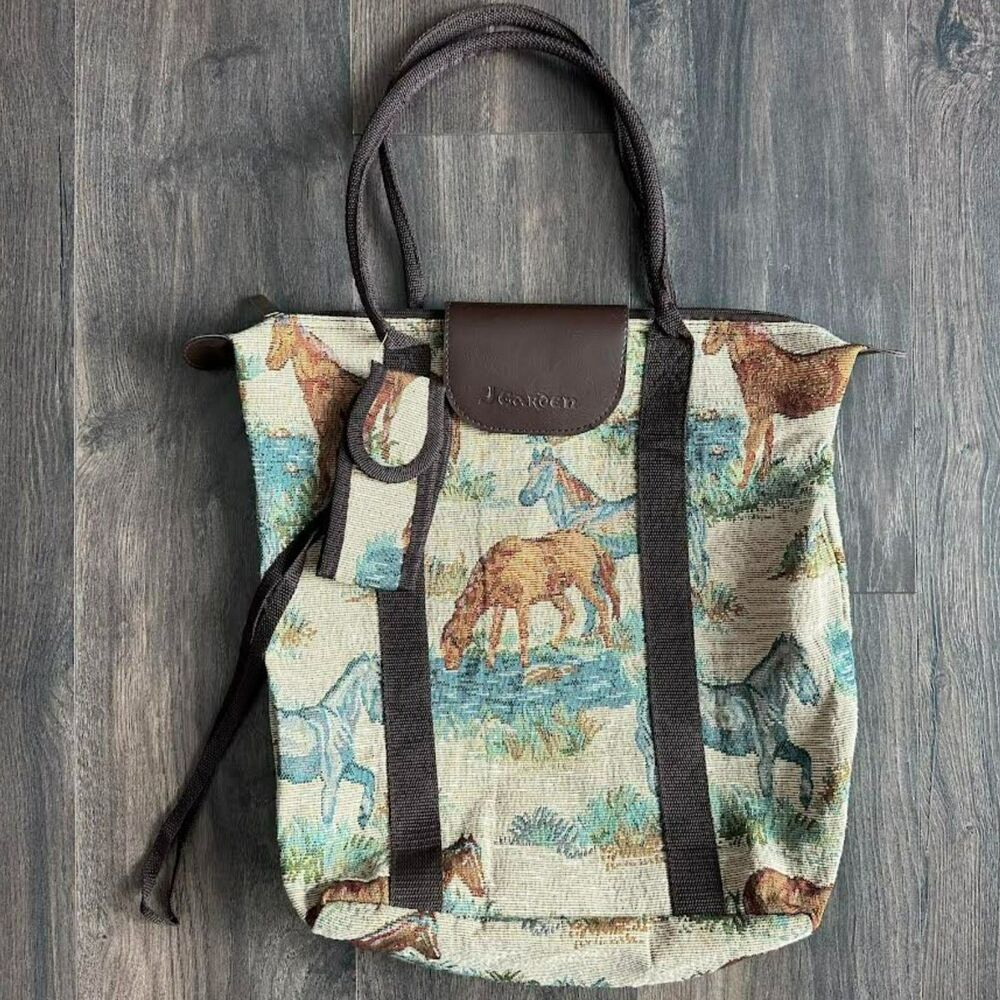 Vintage Horse Tapestry Purse Large Shoulder Tote Bag + Matching Accessory Bag